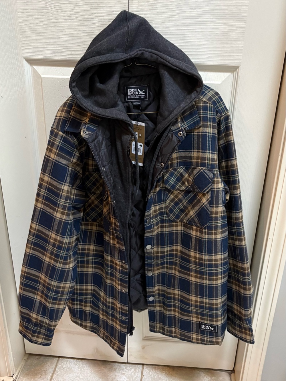 Eddie Bauer Plaid Hooded Shirt Jacket in Navy and Brown